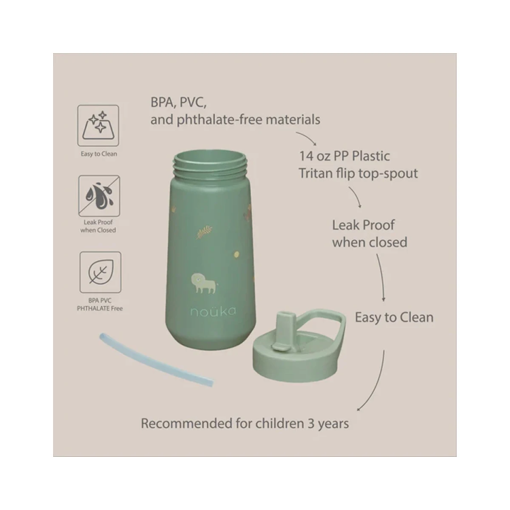 NOÜKA - Garrafa de plástico com tampa flip-top e palhinha 400 ml Dino